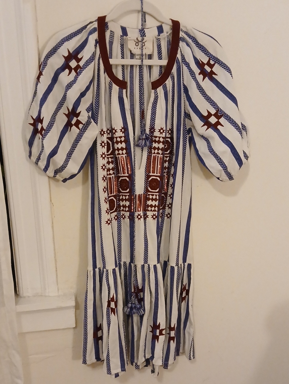 Embroidered Figue Midi Dress in White, Blue & Burgundy